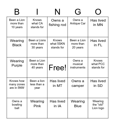 Zone 5 Lions Bingo Card
