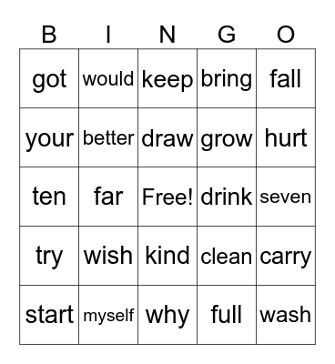 Sight Words Bingo 5 Bingo Card