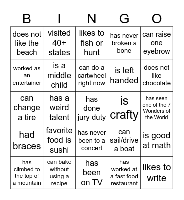 Get to Know Your Sisters Bingo Card