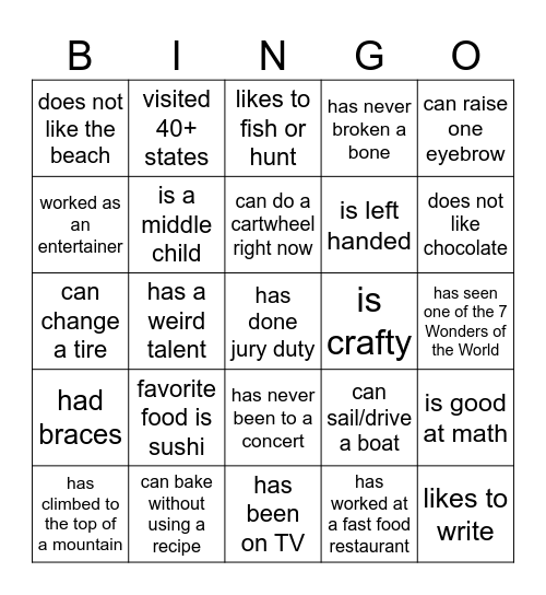 Get to Know Your Sisters Bingo Card