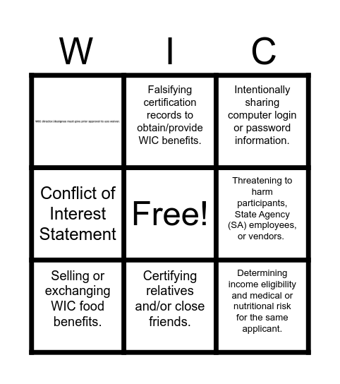 WIC Fraud and Abuse Bingo Card