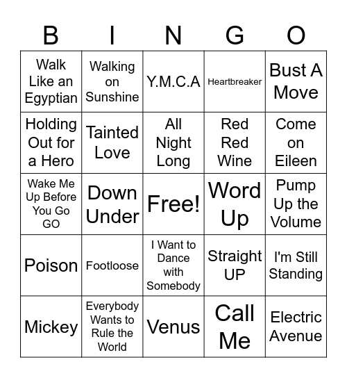 80's Dance Hits Bingo Card