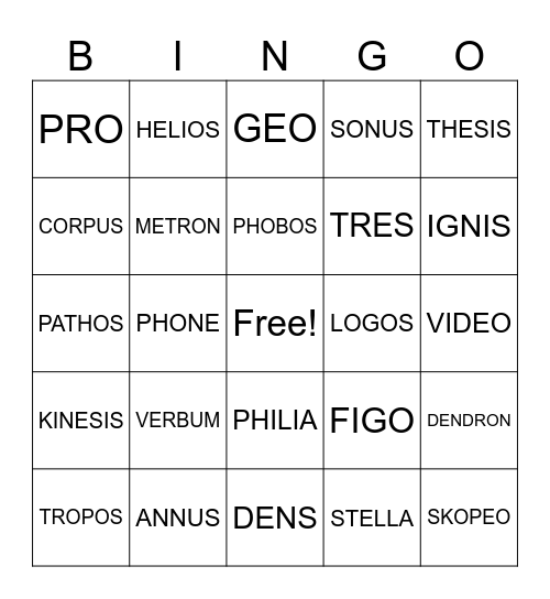 Greek/Latin Root Bingo Card