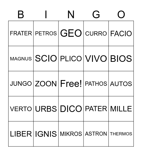 Greek/Latin Root Bingo Card