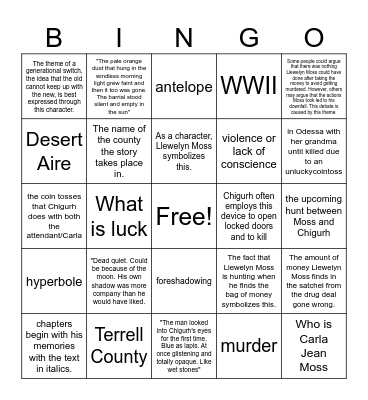 No Country for Old men Bingo Card