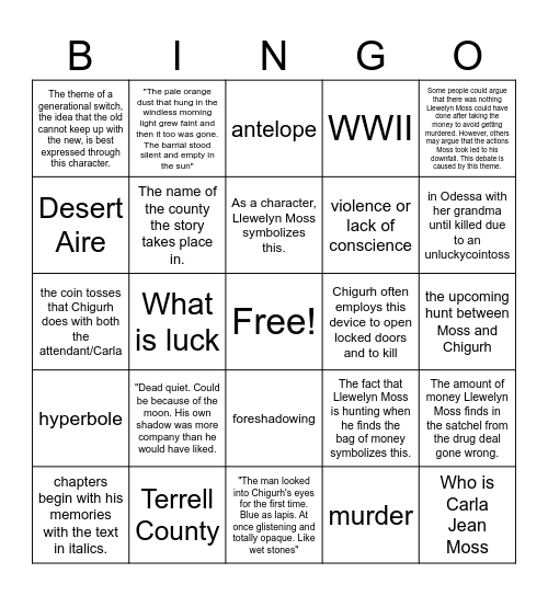 No Country for Old men Bingo Card