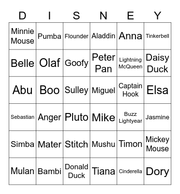 Disney Characters (Baamboozle) Bingo Card