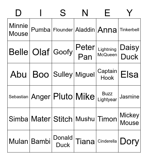 Disney Characters (Baamboozle) Bingo Card