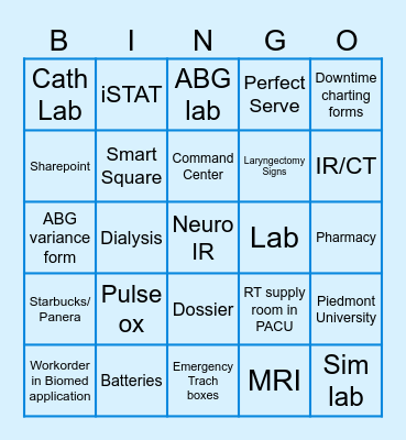 RT Department: Find ALL These Things and Places! Bingo Card