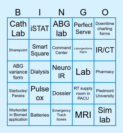 RT Department: Find ALL These Things and Places! Bingo Card