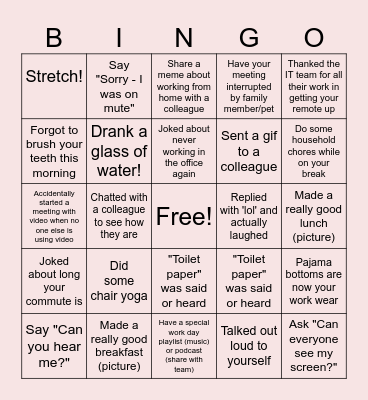 Remote Work Bingo Card