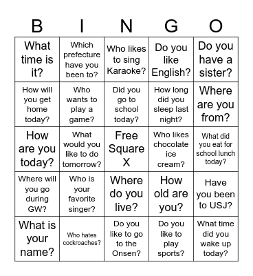 English Question Bingo Card