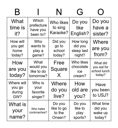 English Question Bingo Card