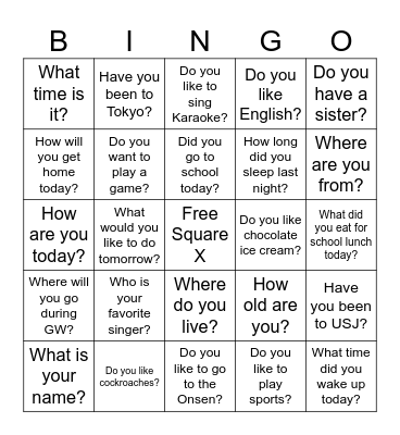 English Question Bingo Card
