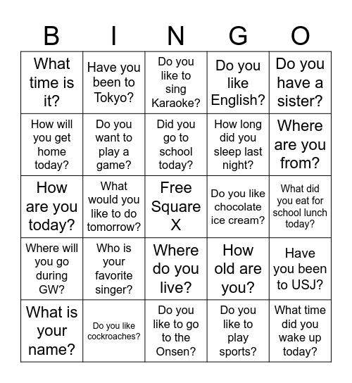 English Question Bingo Card