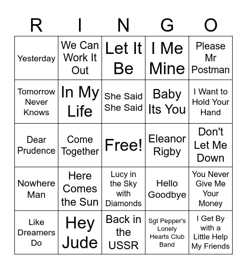 Beatles Bingo Card