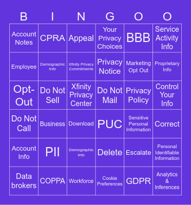 Privacy Bingo Card