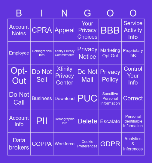 Privacy Bingo Card