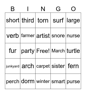 Bingo for words with ar,or,ore,er,ir,ur Bingo Card