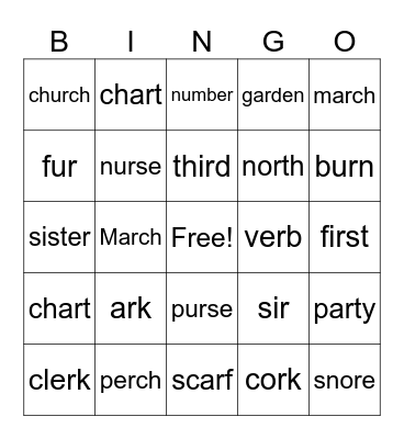 Bingo with words with ar, or,ore, ir,ur, and er Bingo Card