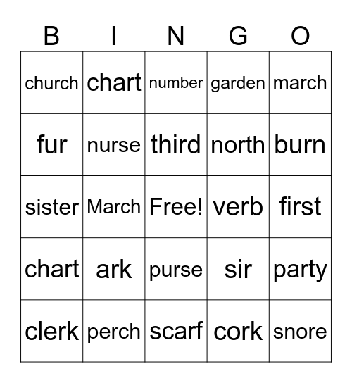 Bingo with words with ar, or,ore, ir,ur, and er Bingo Card
