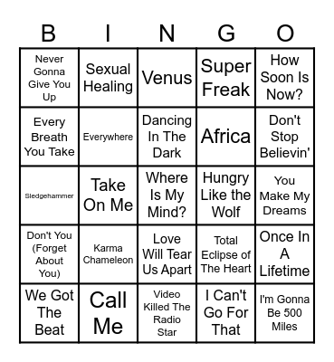 80's Pop Bingo Card