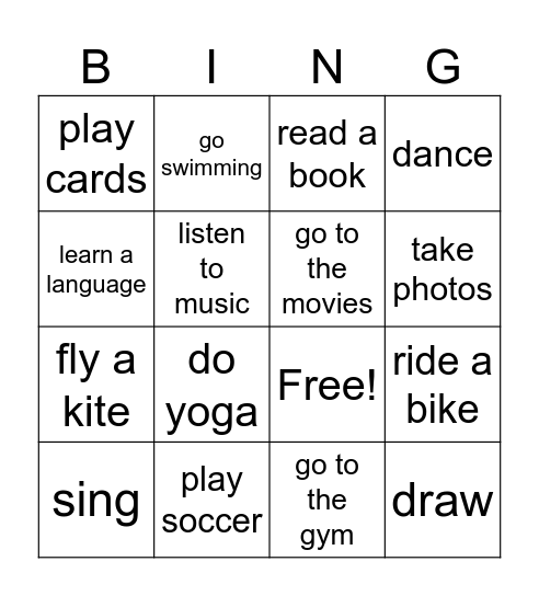 Free Time Activities Bingo Card