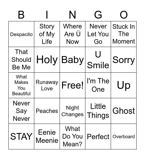 Justin Bieber/1D Music Bingo Card