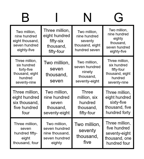 PLACE VALUE BINGO II Bingo Card