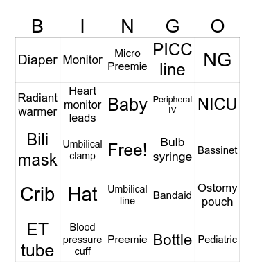 NICU/Pediatric Bingo Card