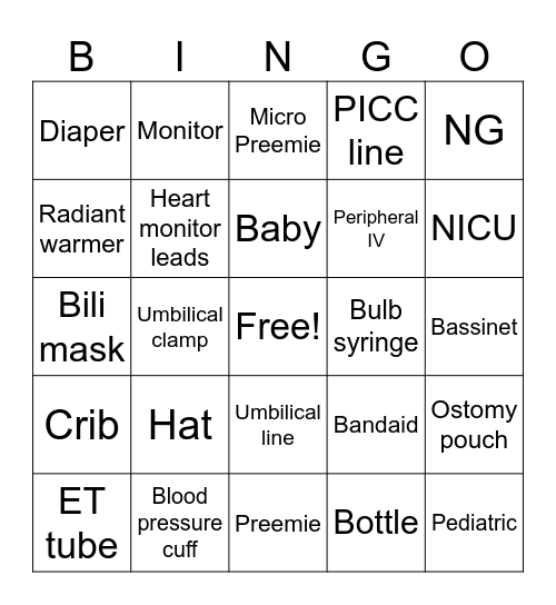 NICU/Pediatric Bingo Card