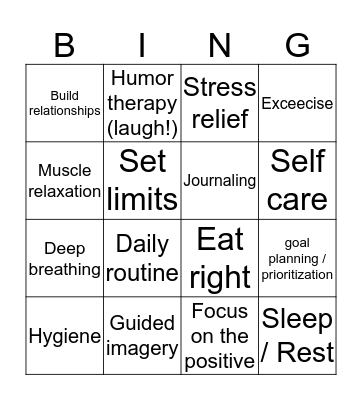 Wellness / Stress Management Bingo Card