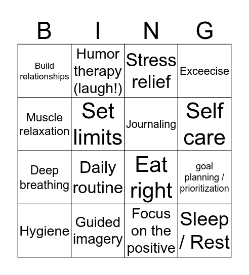 Wellness / Stress Management Bingo Card