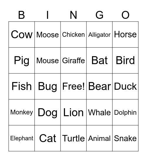 Animal Signs Bingo Card
