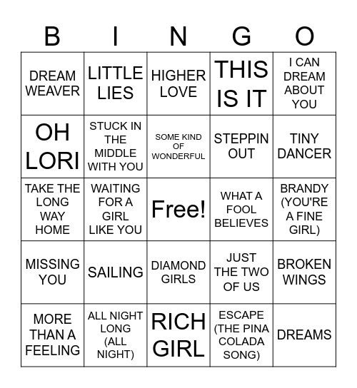 Yacht Rock Bingo Card