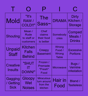 OT's Kitchen Nightmares Bingo Card