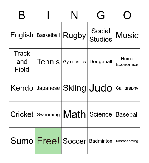 Subjects and Sports Bingo Card