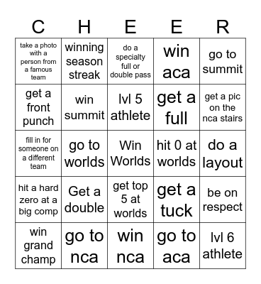 Competitive Cheer Checklist Bingo Card