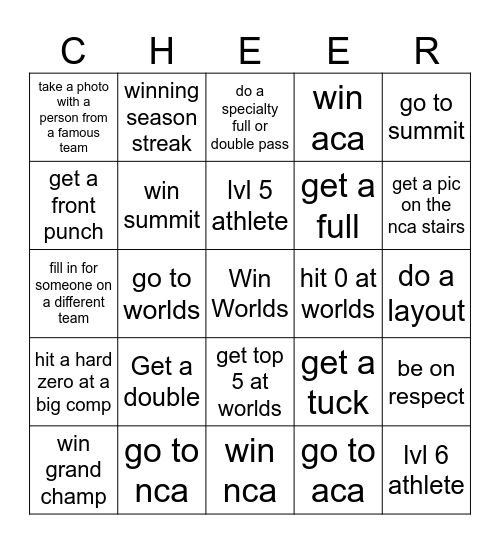 Competitive Cheer Checklist Bingo Card