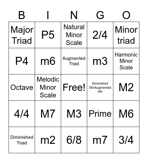 Ear Training Identification Bingo Card