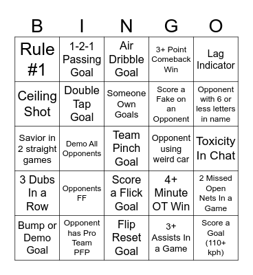 Rocket League Bingo 2 Bingo Card