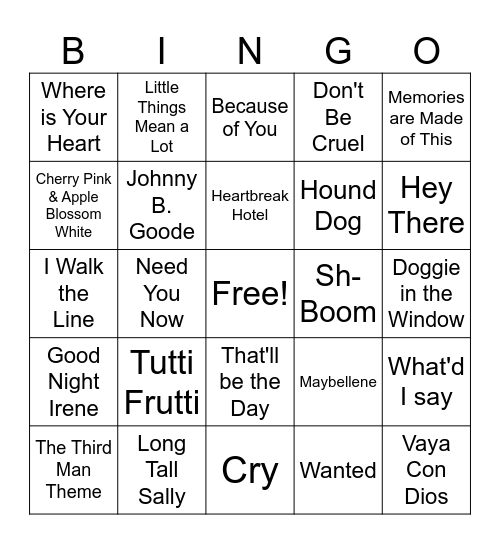 1950s Music Bingo Card