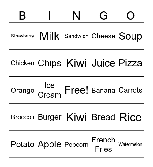 Food Bingo Card