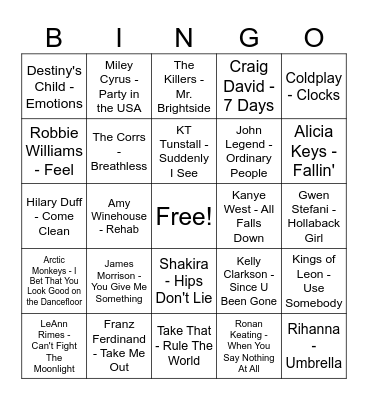 00s Music Hits! Bingo Card