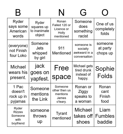 Four Loko Bingo Card