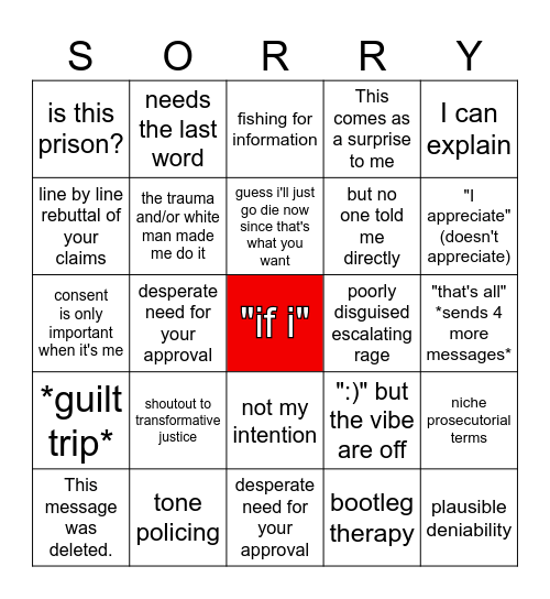 ctrl + f "i'm sorry" Bingo Card