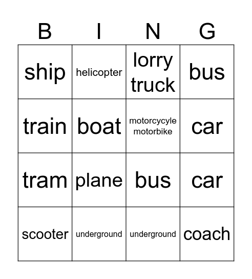 Means of transport Bingo Card