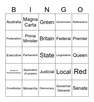 Y8 Civics & Citizenship Bingo Card