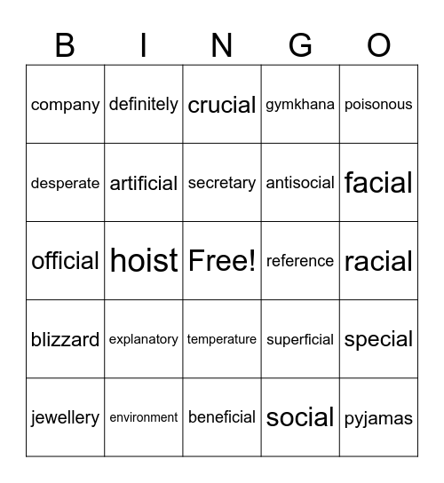 Spellings Bingo Card