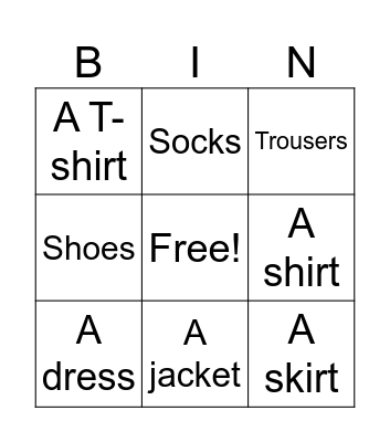 Clothes Bingo Card